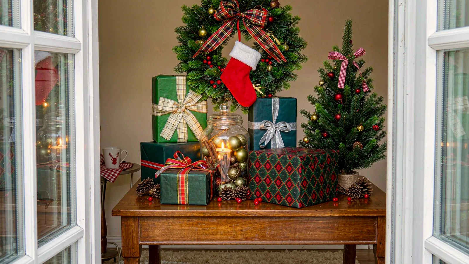 Holiday gifts, a wreath and fairy lights arranged on a console table
