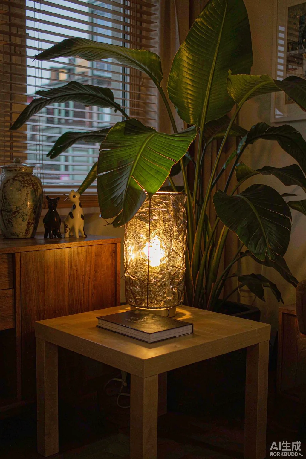 A cozy corner with faux greenery and a glowing metal lamp shade