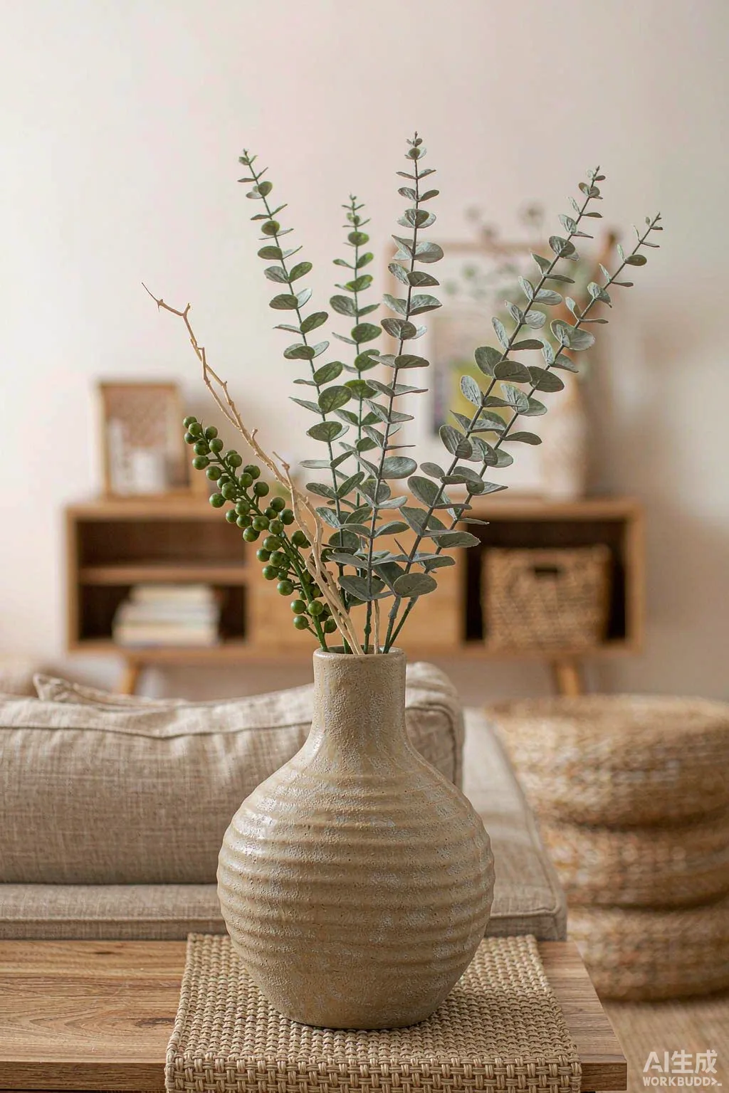 A ceramic vase with faux eucalyptus stems on a console table