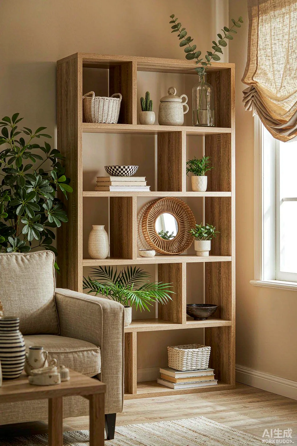 Faux eucalyptus and potted greenery on a living room shelf