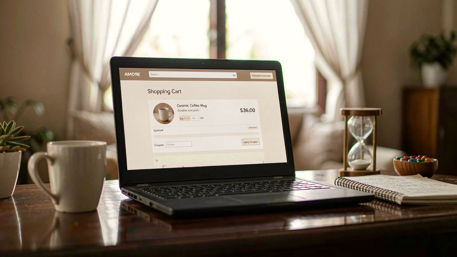 A laptop showing an online shopping cart on a desk