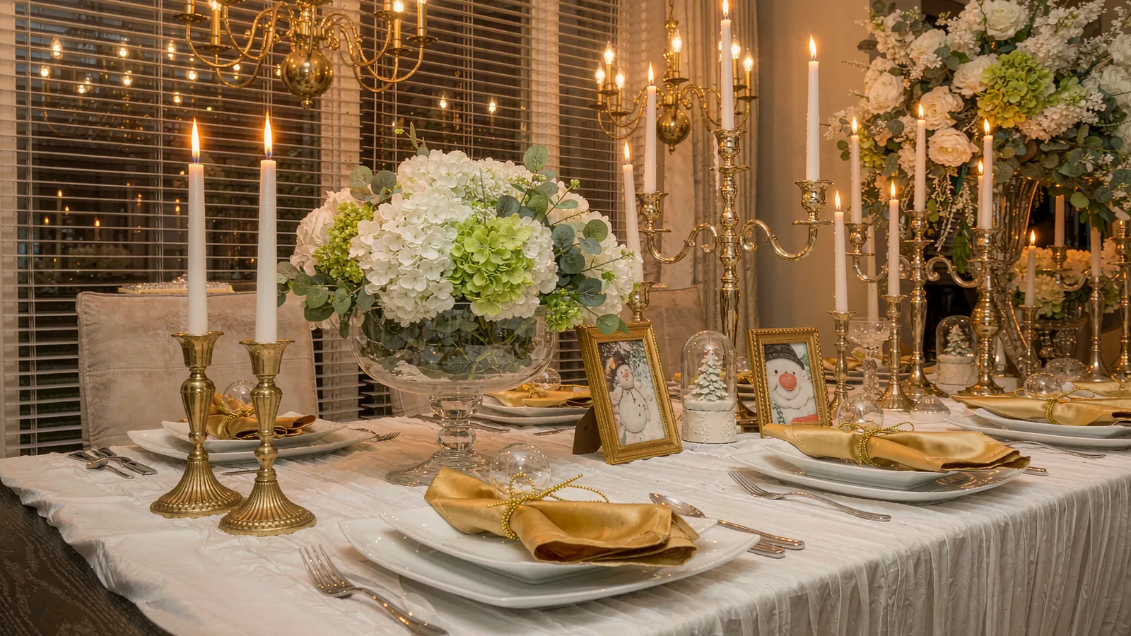 A holiday dining table set with candles and plates