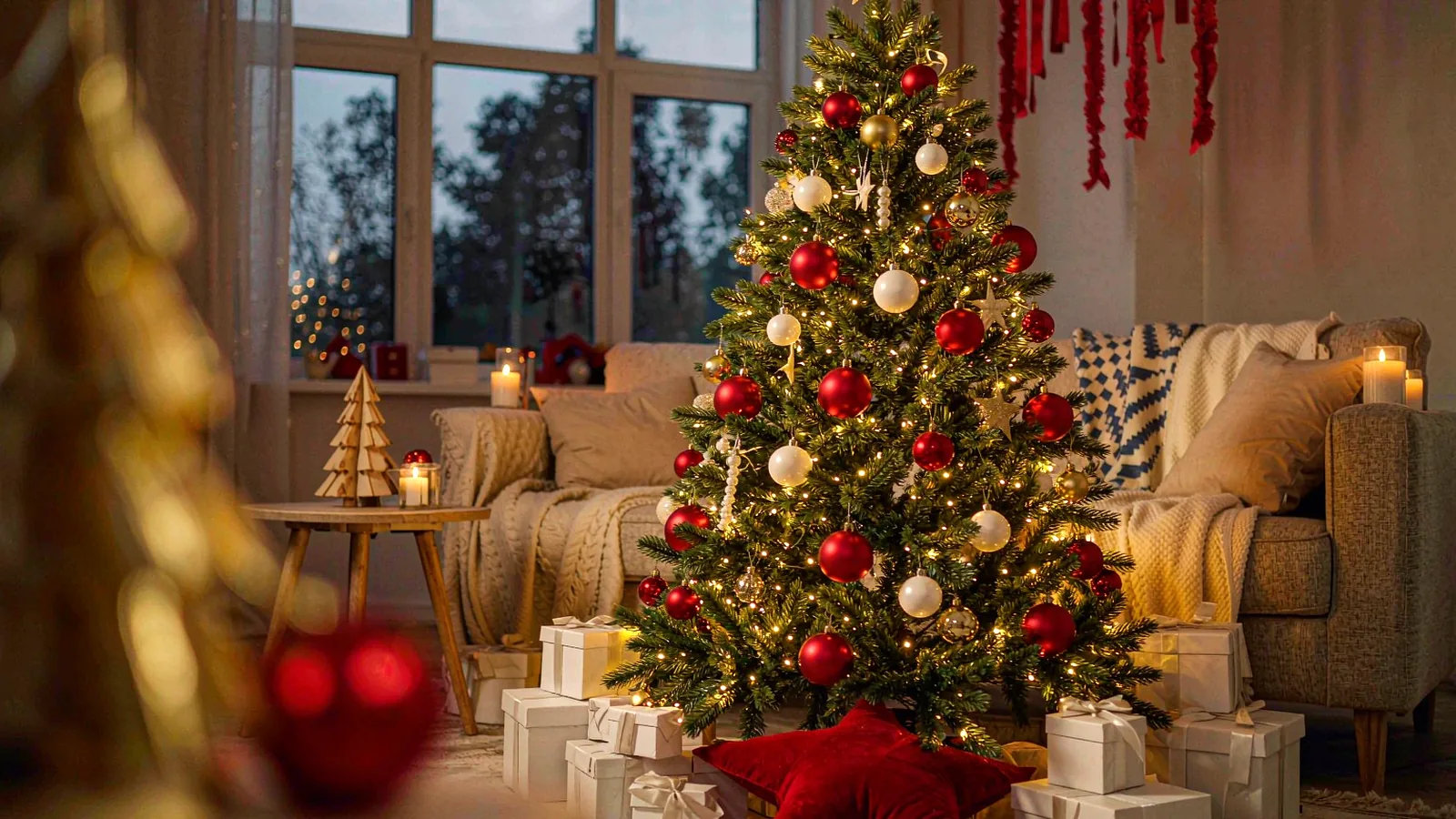 A decorated Christmas tree glowing with warm fairy lights in a cozy living room