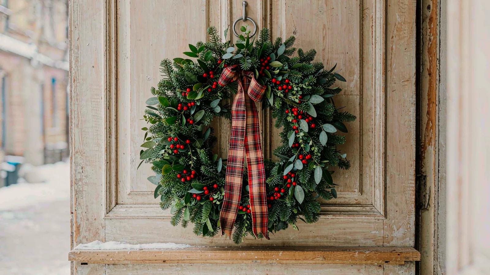 A green holiday wreath with red berries on a front door