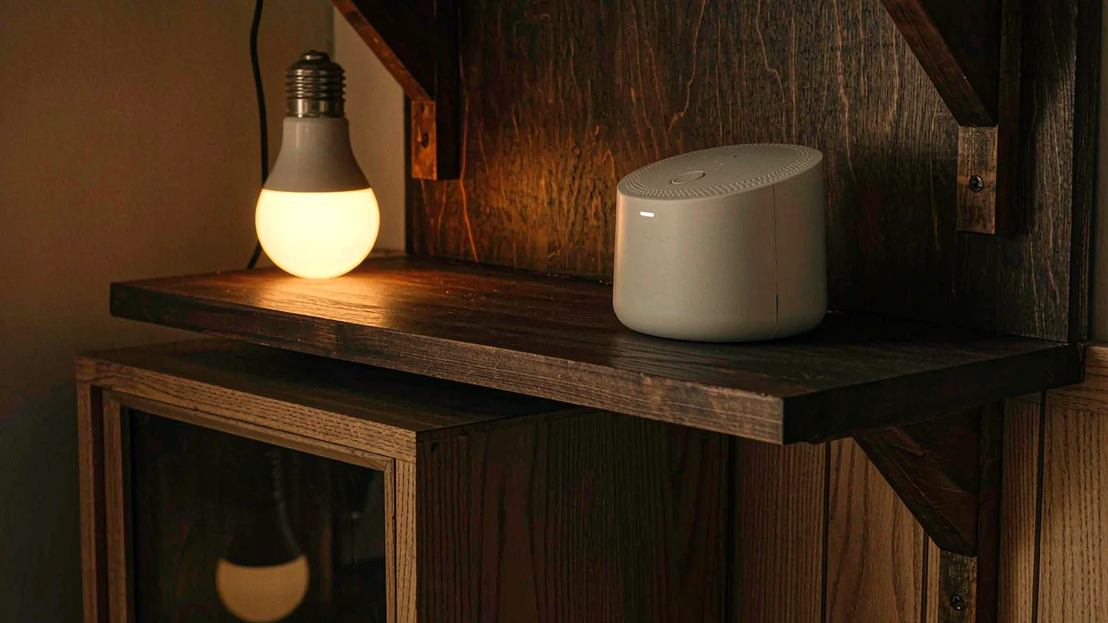 A smart speaker and a glowing smart bulb on a wooden shelf