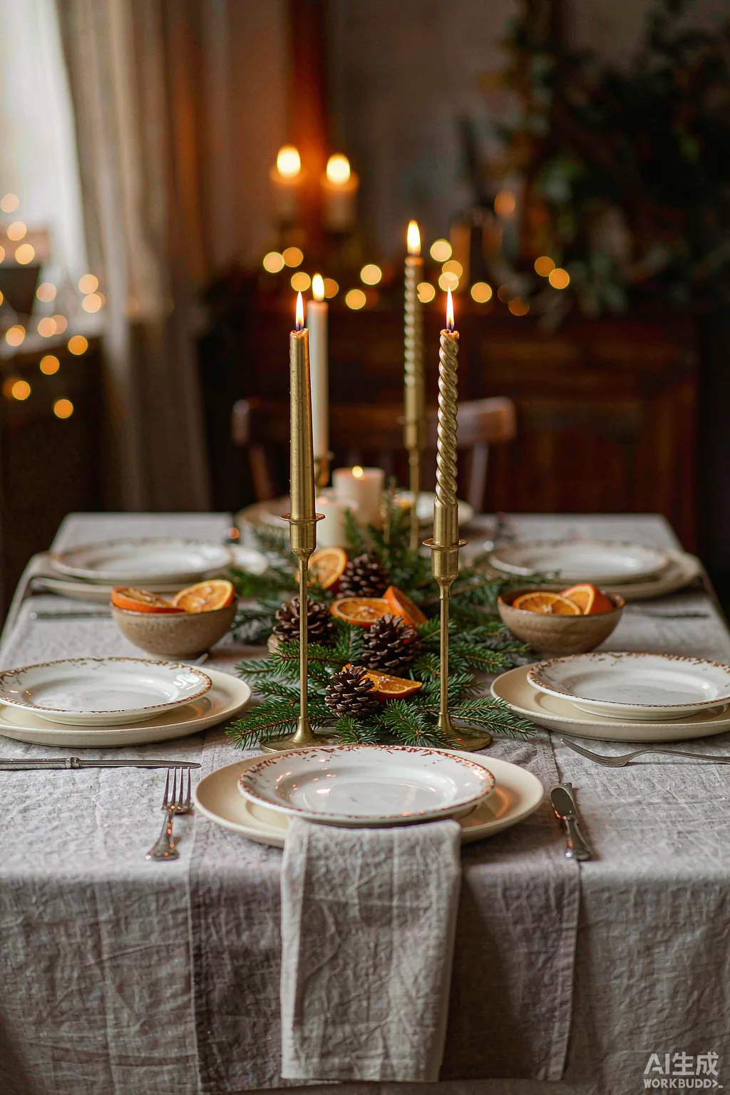 A warmly lit Christmas dining table set with a low centerpiece and candles